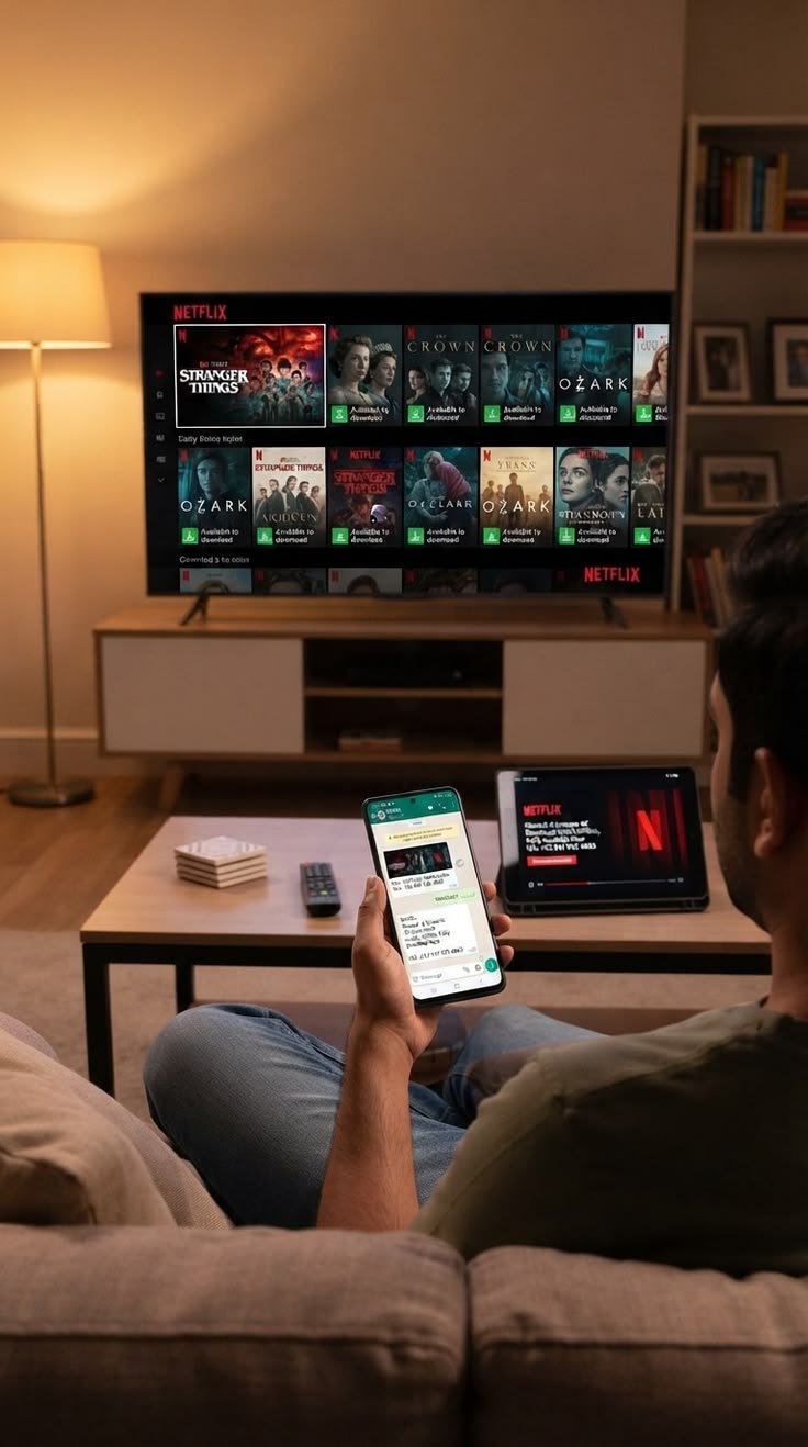 Ontspannen televisie kijken met een smartphone en tablet binnen handbereik